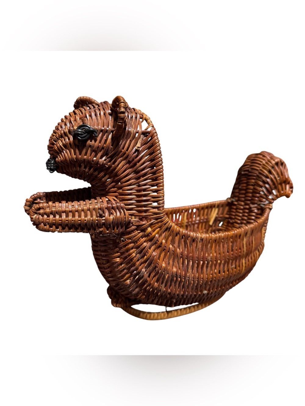 Vintage Brown Woven Wicker Squirrel Basket Candy Trinket Dish